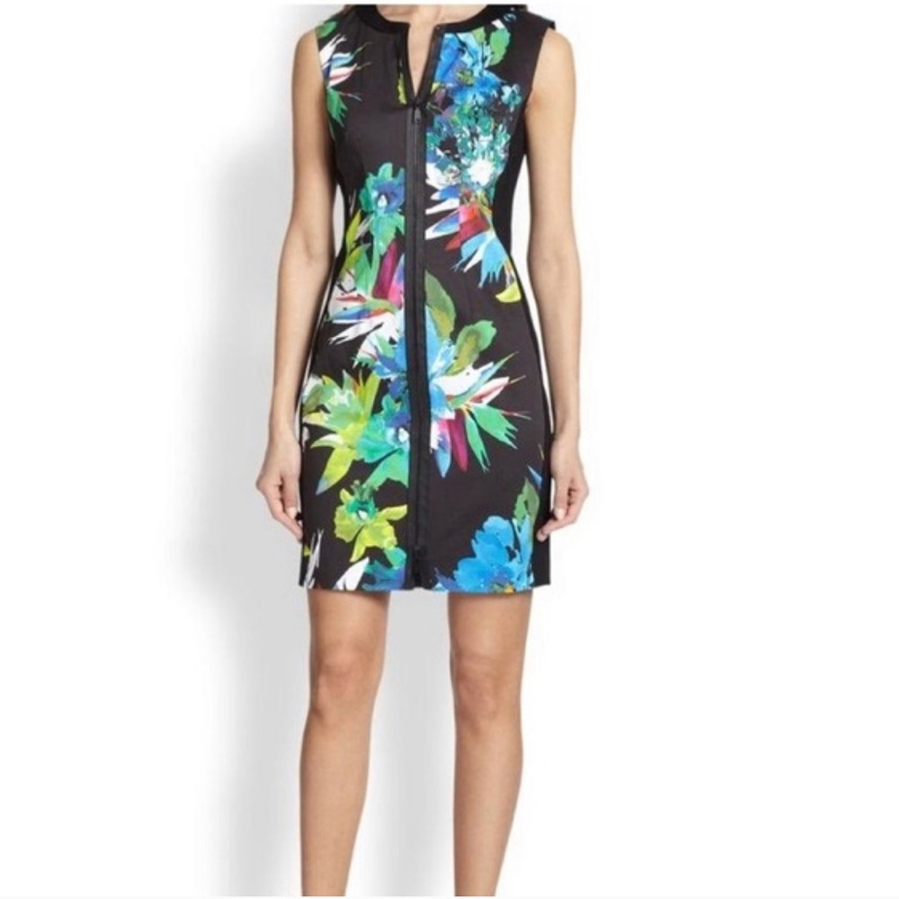 Elie Tahari Dress ,zip front, tropical print,solid black side panels/insets